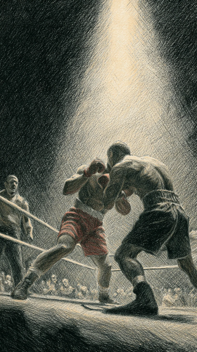 Close up boxing punch under harsh spotlight in smoky ring