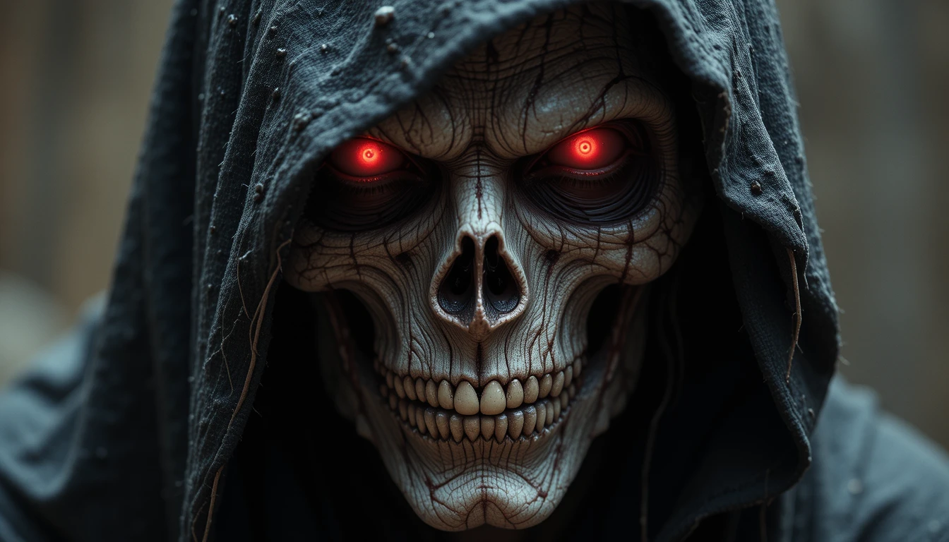 Zombie in schwarzer Kapuze mit Totenschädelmaske und roten Augen