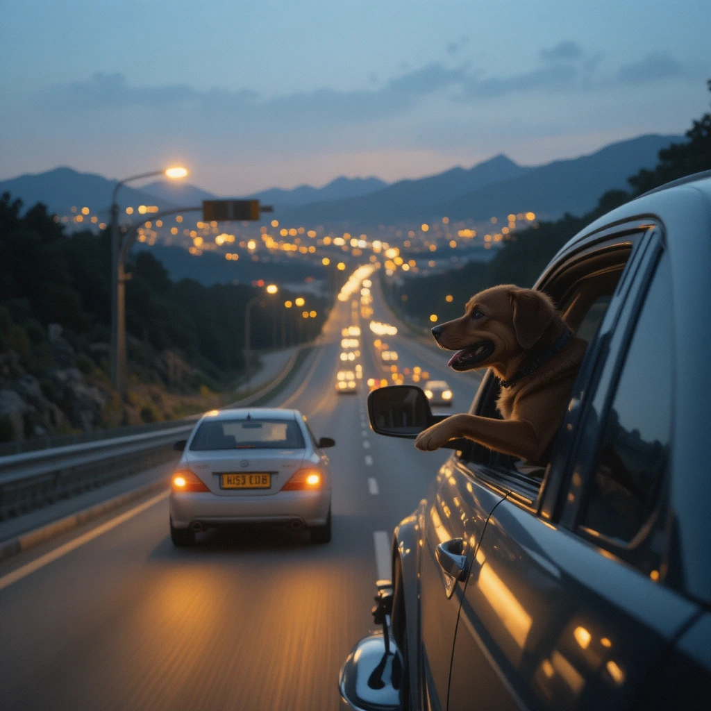 Classic car driving on illuminated road with dog at window