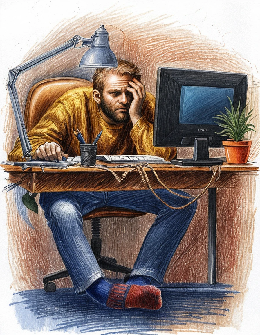 Müde Person an einem warmen Schreibtisch am Computer
