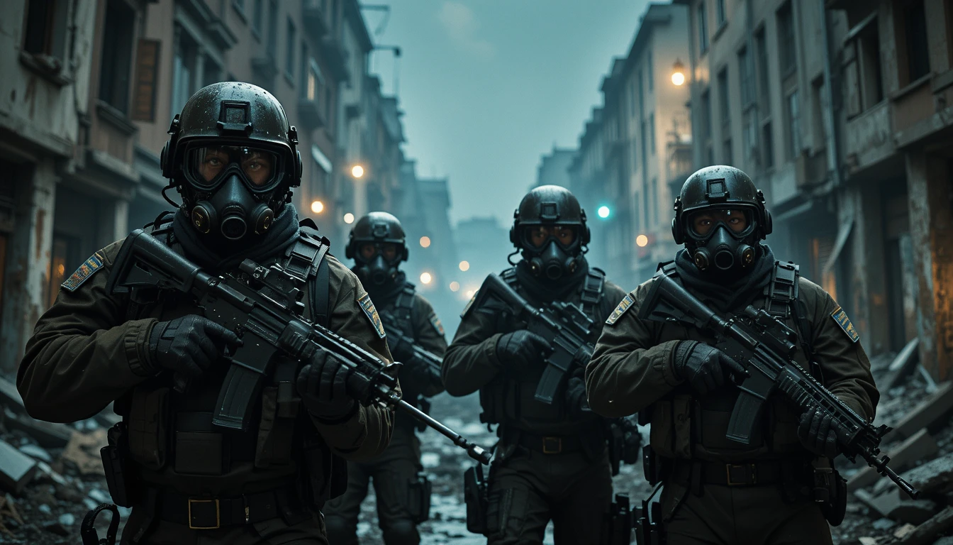 Swat Team Advancing Through Ruined City Streets At Night