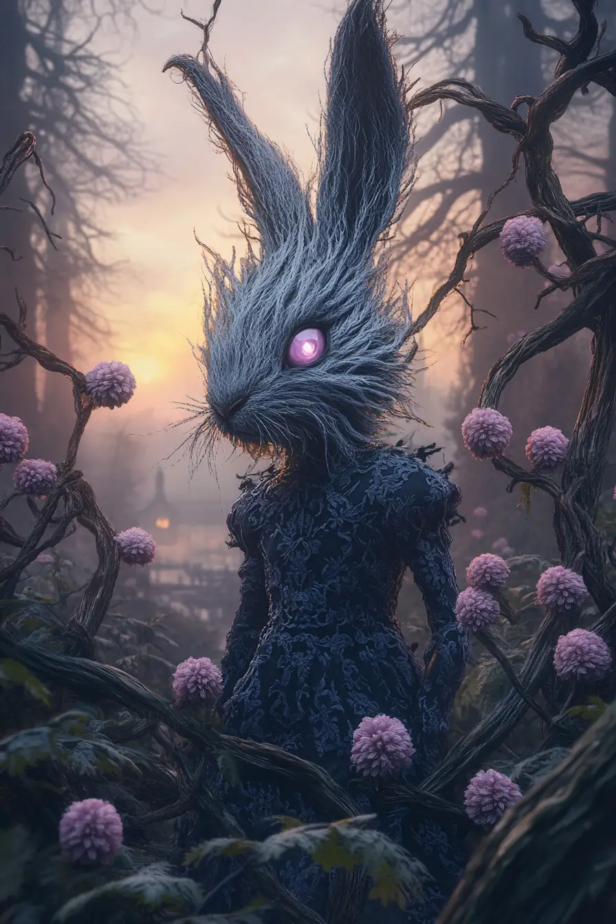 Anthropomorphic rabbit in a dark floral fantasy forest