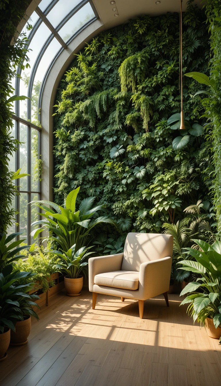 Minimalist reading nook with armchair and indoor green wall
