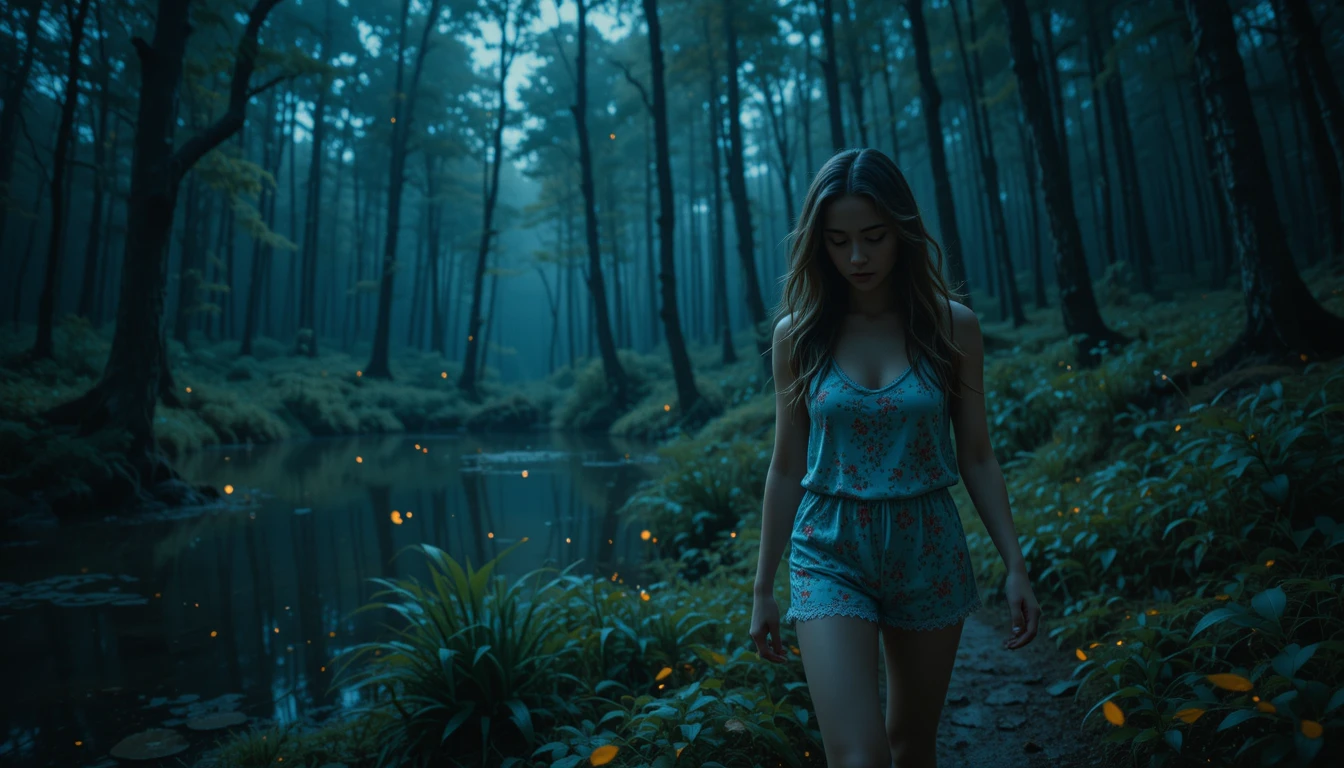 Distressed woman walking by a forest pond at night