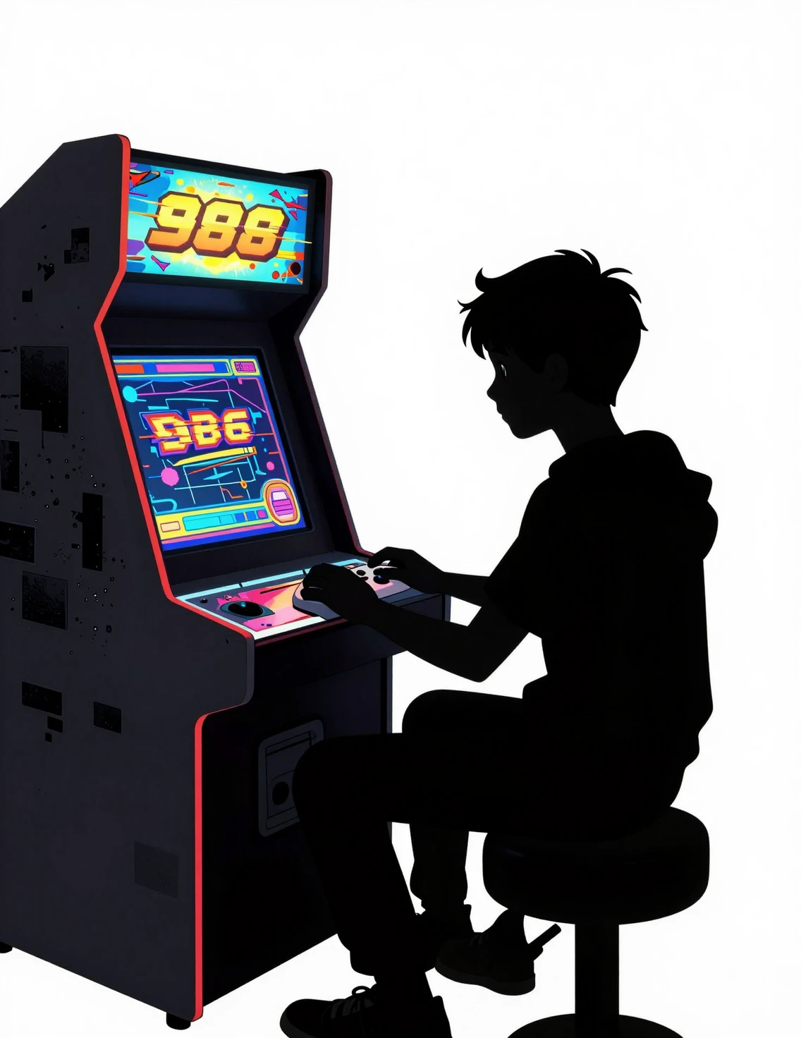 Silhouette di Adolescente che Gioca a un Arcade Retrò in Stile Glitch