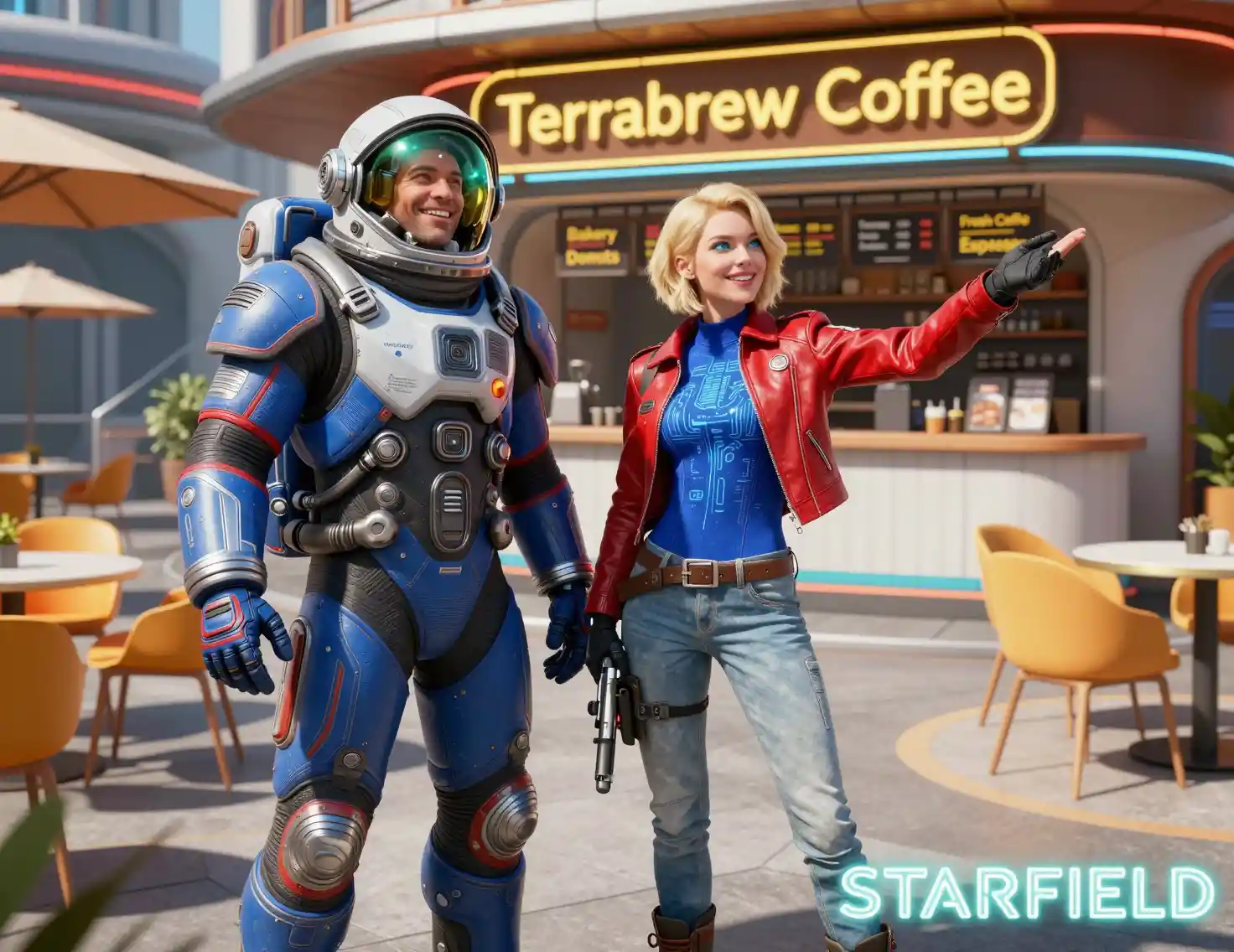 Futuristic astronauts posing at a sleek outdoor coffee shop