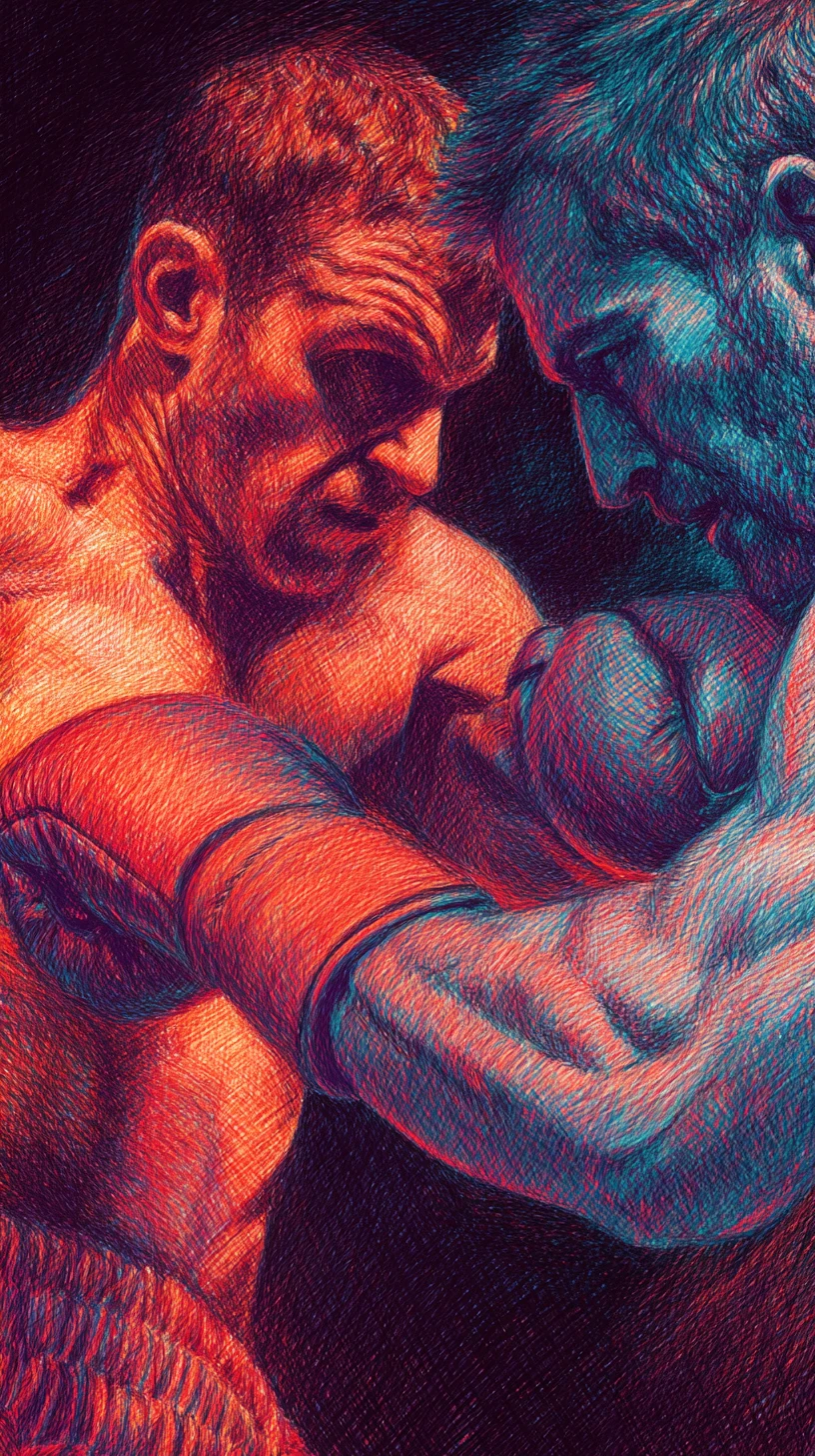Two boxers trading a powerful punch in dramatic illustration