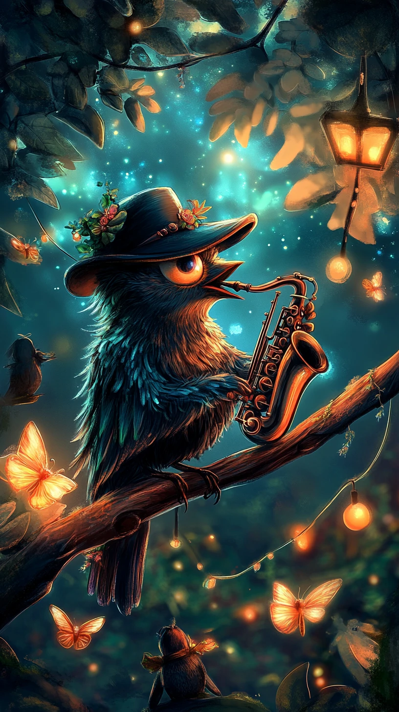 Corbeau musicien de jazz jouant pour les animaux dans une forêt au clair de lune