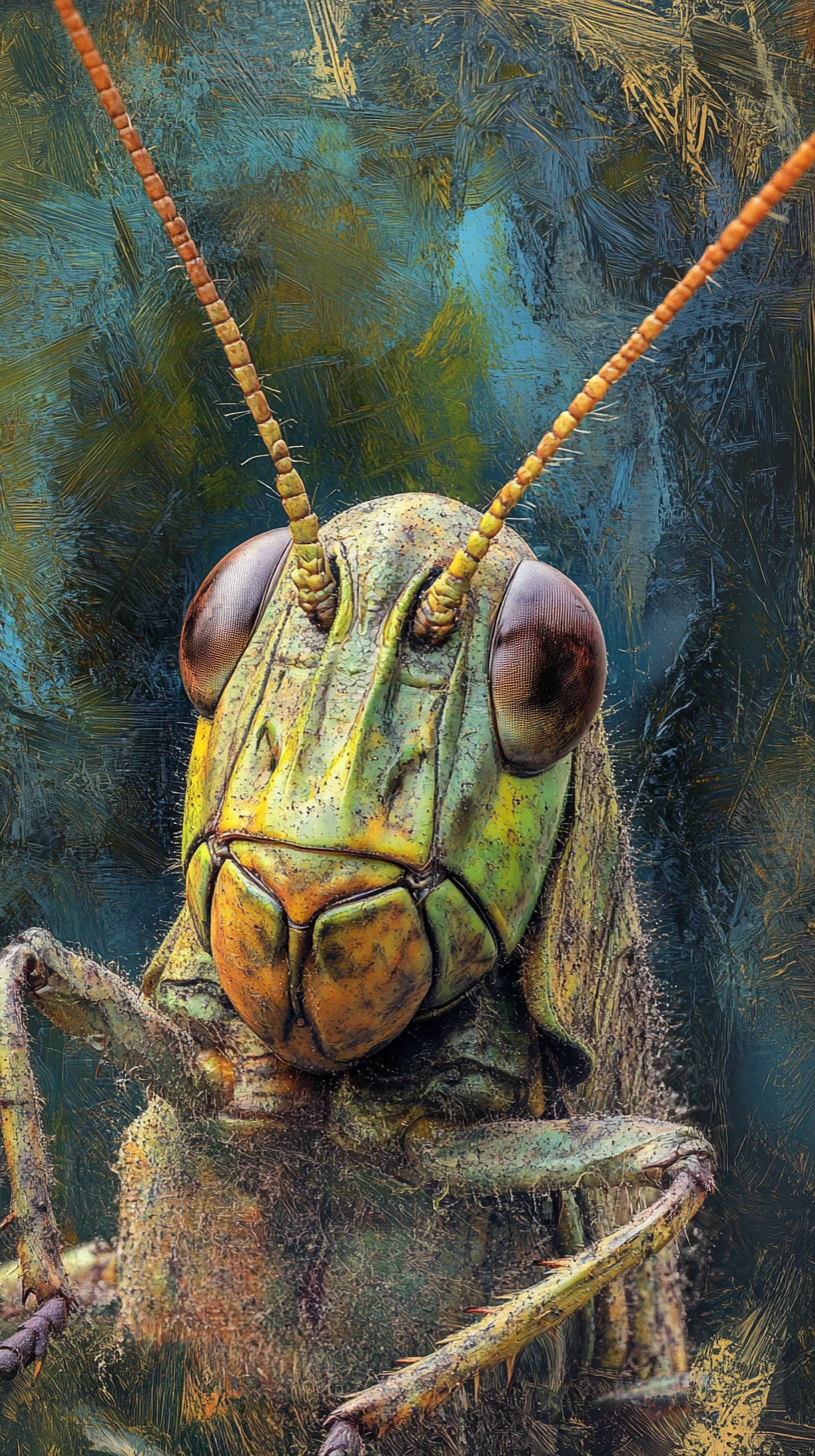 Retrato abstracto en primer plano de un saltamontes con texturas en capas