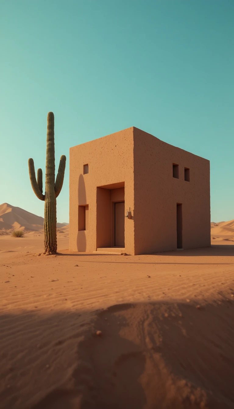 Edifício moderno de adobe em paisagem desértica minimalista