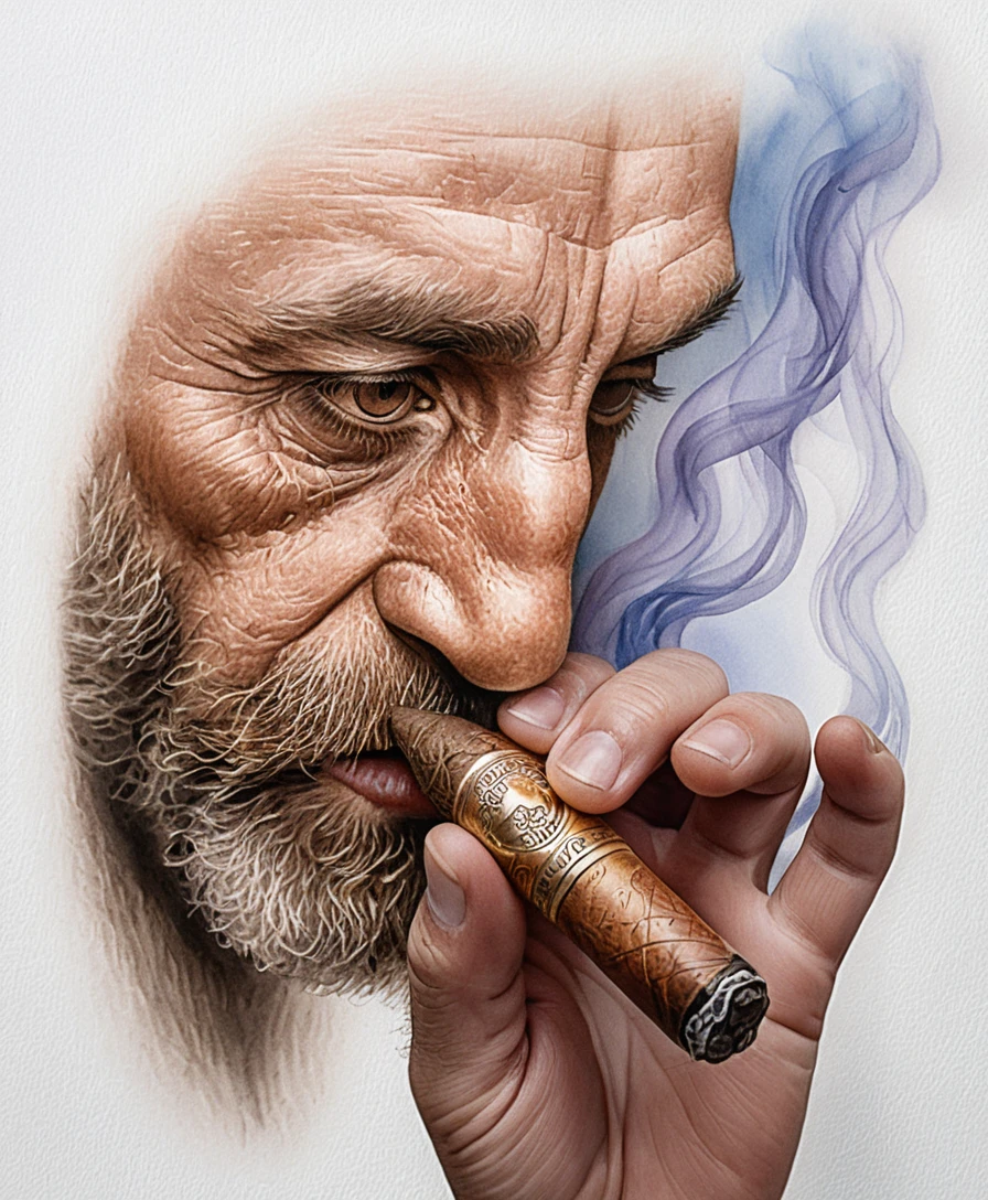 Homem maduro fumando charuto em retrato detalhado a lápis de cor
