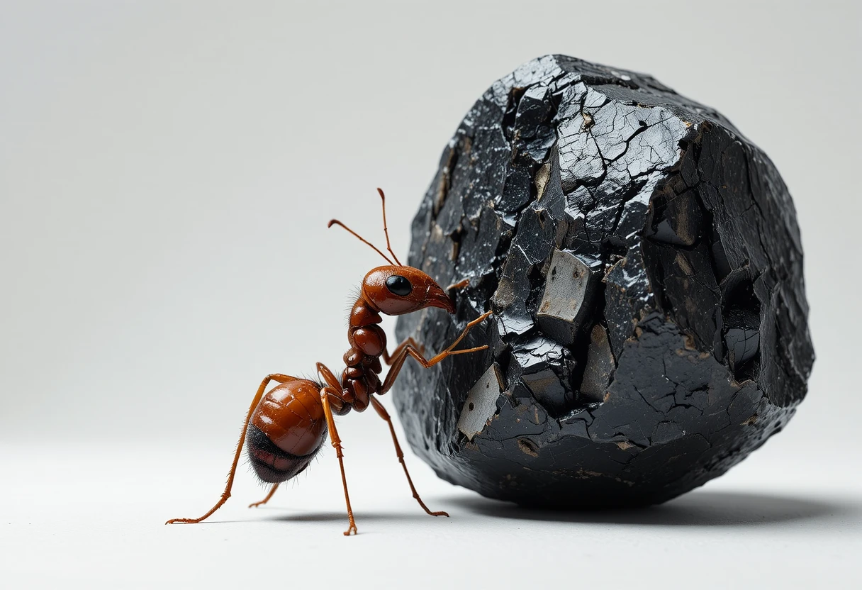 Formica realistica che studia di profilo una roccia scura testurizzata