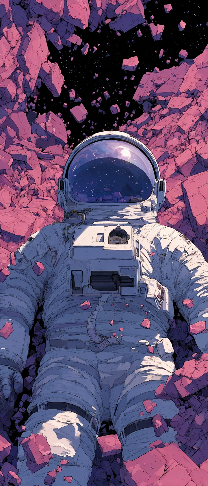Anime-Astronaut treibt ruhig im sternenübersäten All