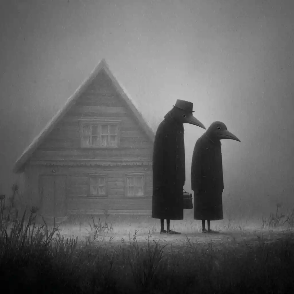 Surreal Polish eagles wandering through a misty rural landscape