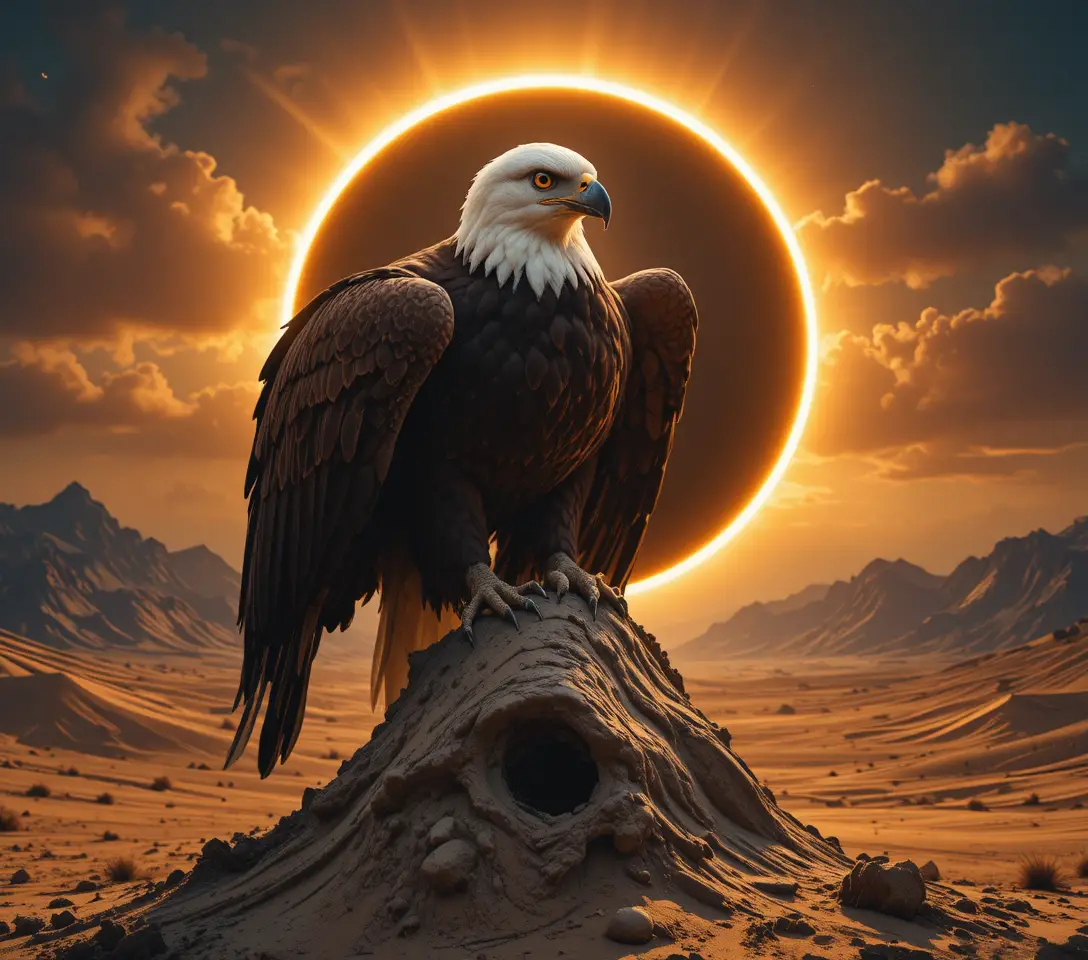 Eclipse solar total com coroa radiante sobre nuvens dramáticas