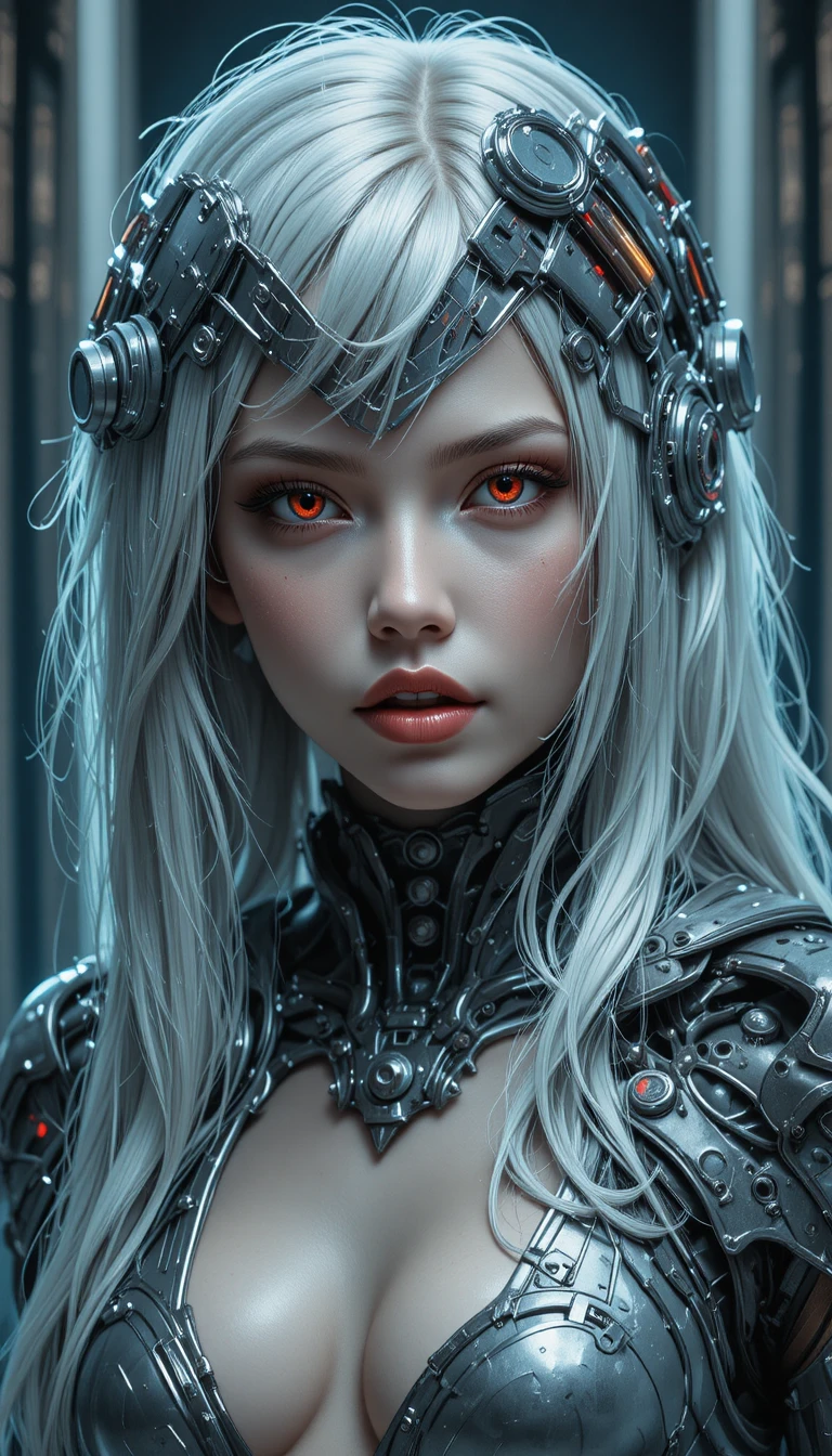 Silberhaarige Sci‑Fi-Frau mit roten Augen in metallischer Kulisse