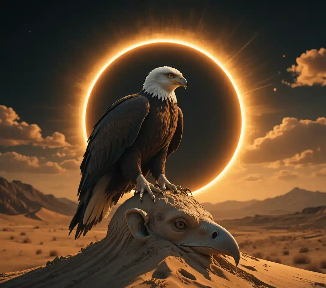 Eclipse solar total com coroa radiante sobre nuvens dramáticas