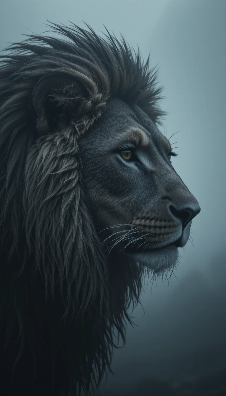 Dramatic close up portrait of a lion in morning mist
