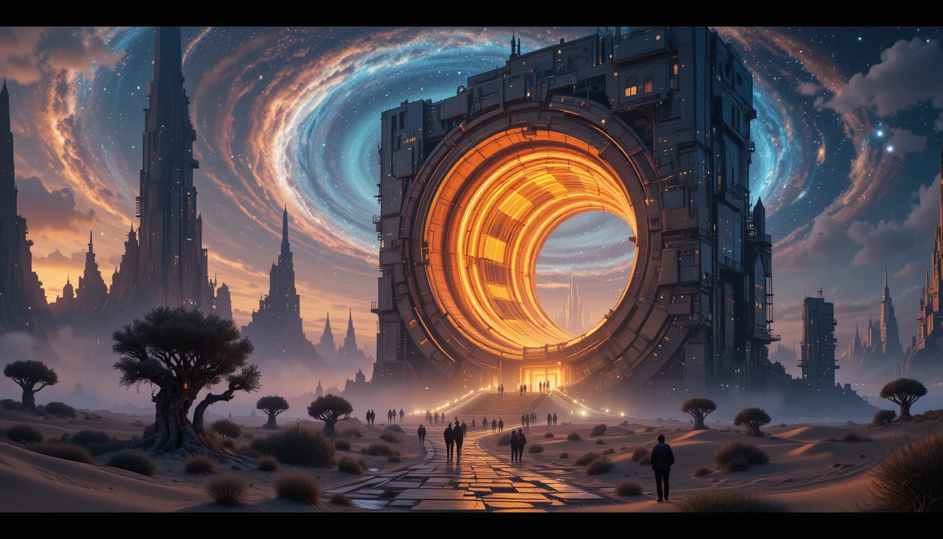 Monolite Faro Futuristico sopra un Oceano Cosmico al Tramonto