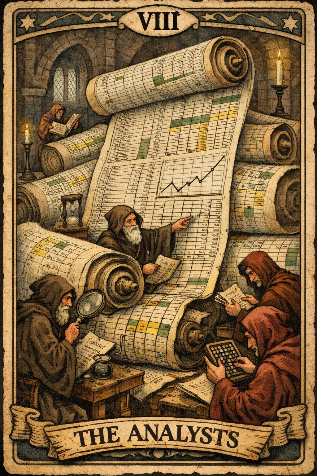 Analisti incappucciati che studiano un gigantesco rotolo-foglio di calcolo come carta dei tarocchi