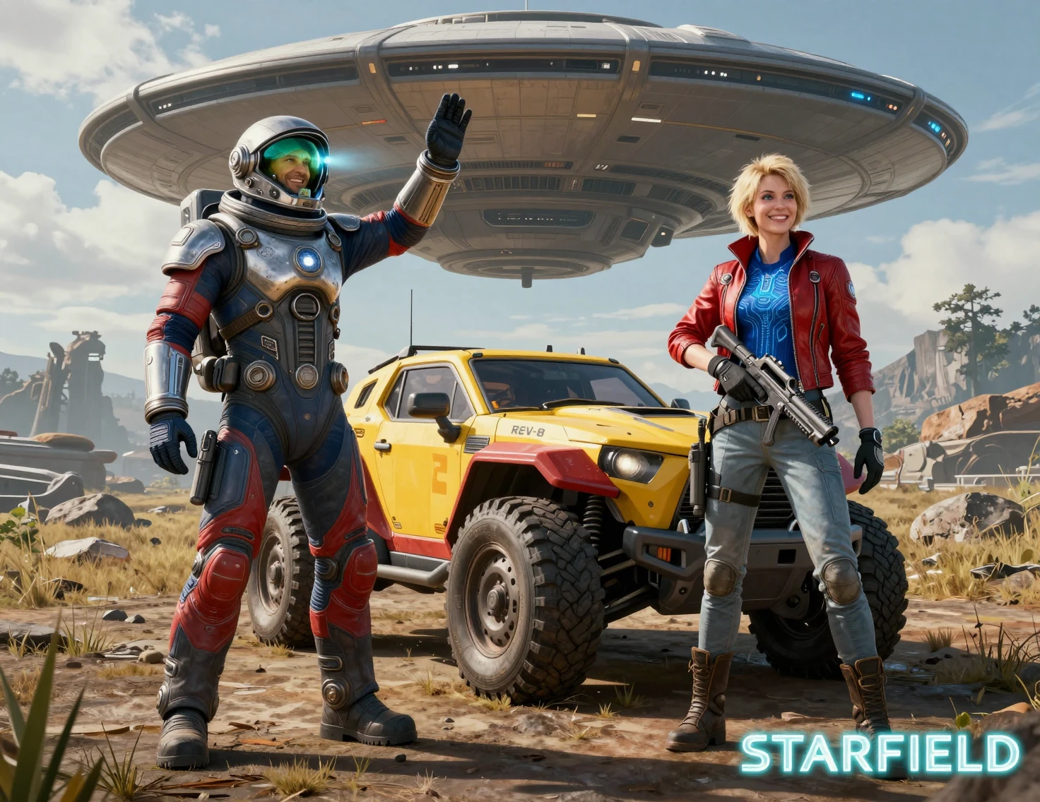 Astronauts posing by off road rover on alien grassland