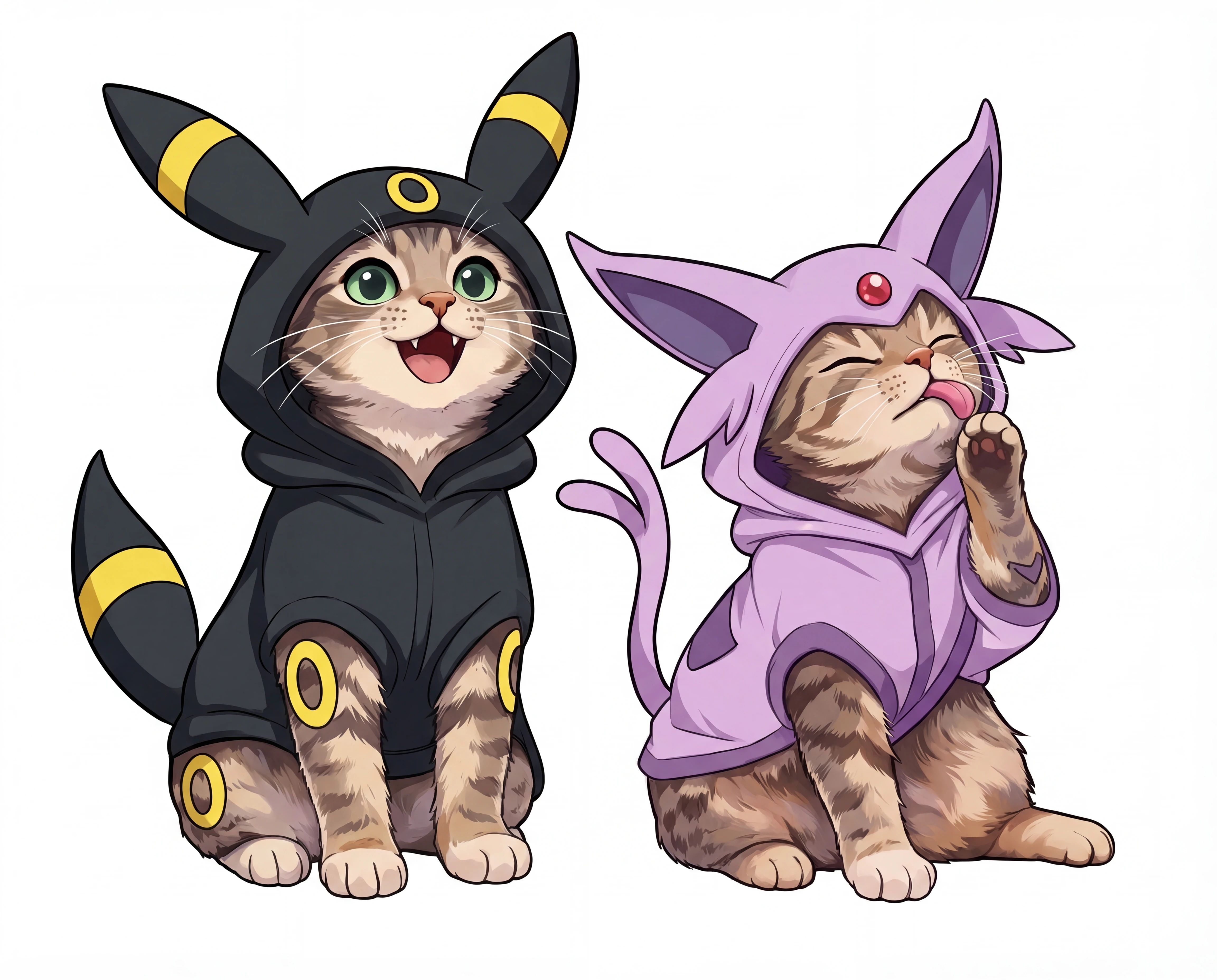Dois gatos em estilo mangá com fantasias inspiradas em Pokémon populares