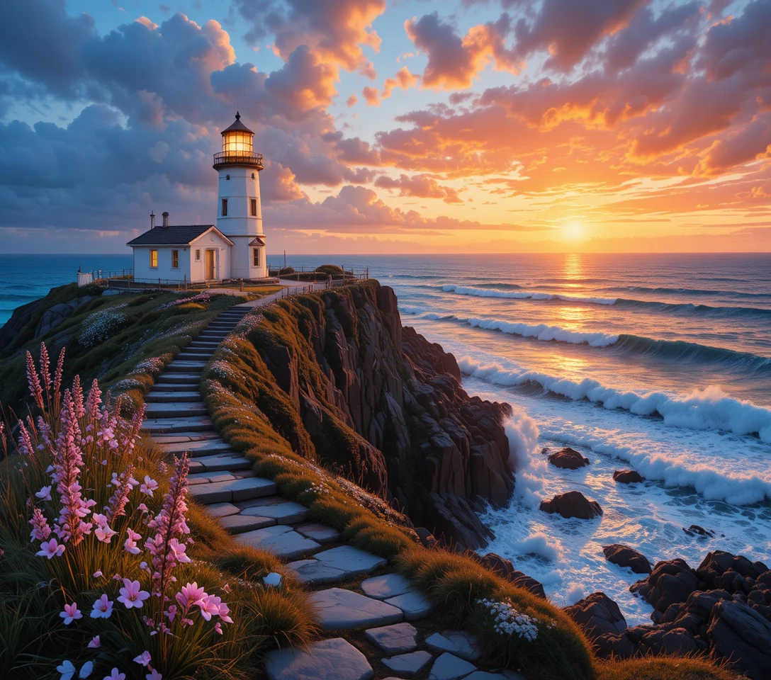 Glowing Lighthouse On Rugged Seaside Cliff At Sunset