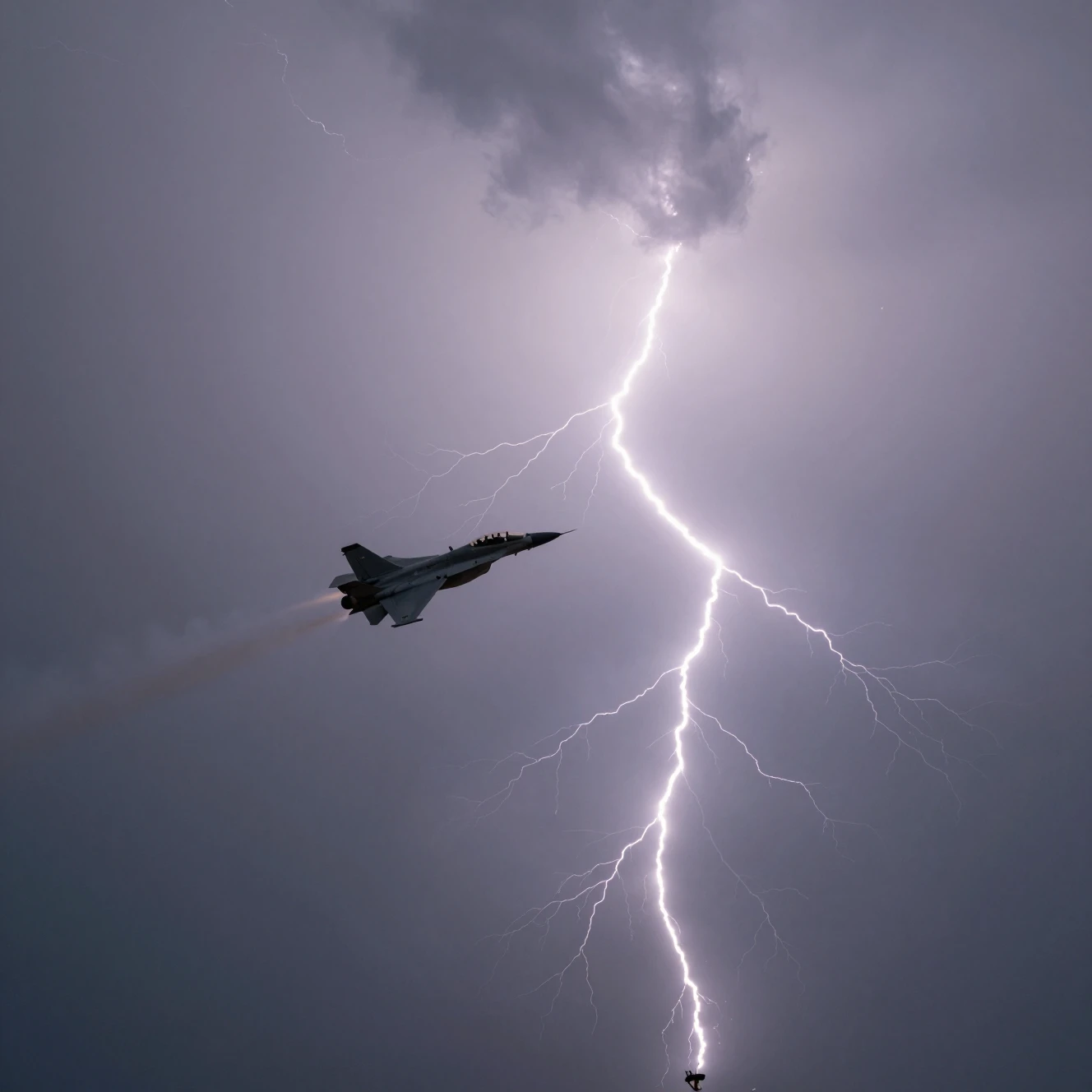 Batalla de cazas bajo un cielo tormentoso con relámpagos