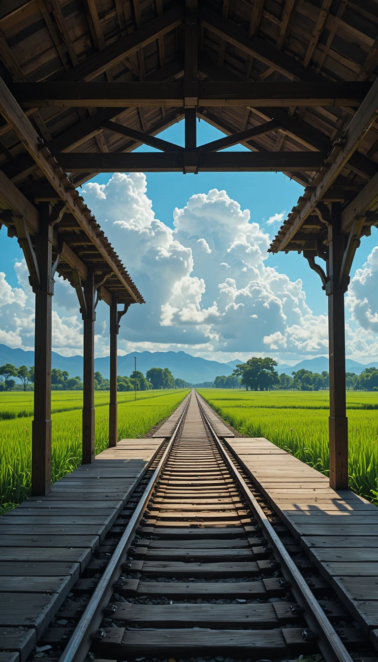 Empty rustic train platform beside green rice fields