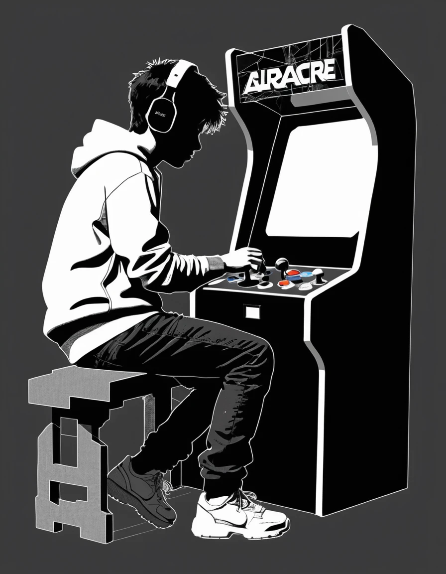 Teenager Silhouette Playing Retro Arcade Style Game In Glitch Art