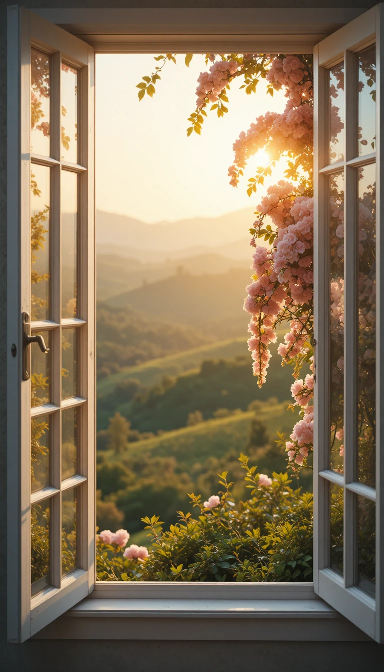 Sunlit countryside hills framed by flowers and open window