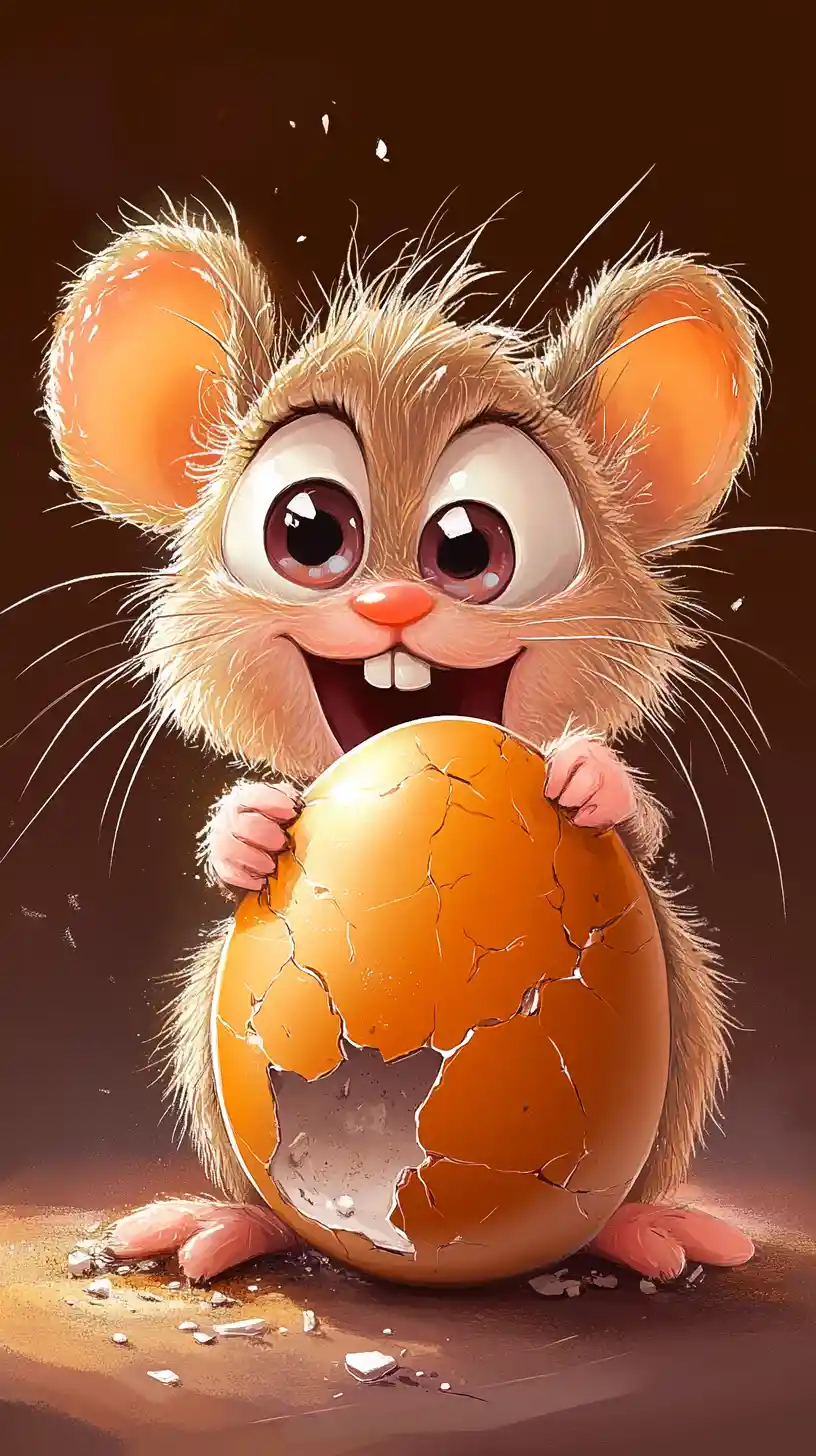 Dolce topolino cartoon su uovo rotto con tuorlo arancione