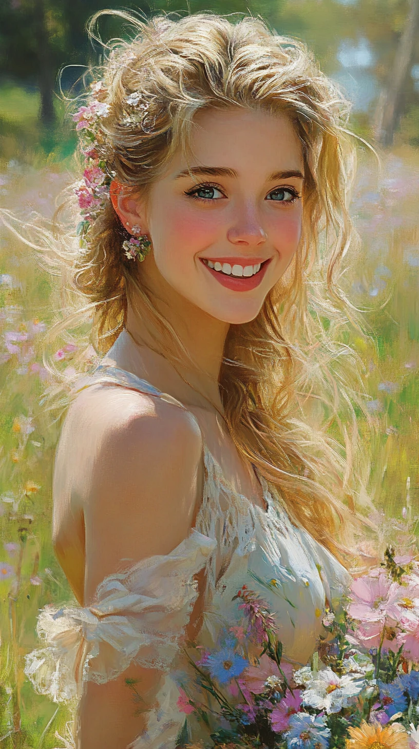 Smiling blonde girl with flowers in a spring meadow