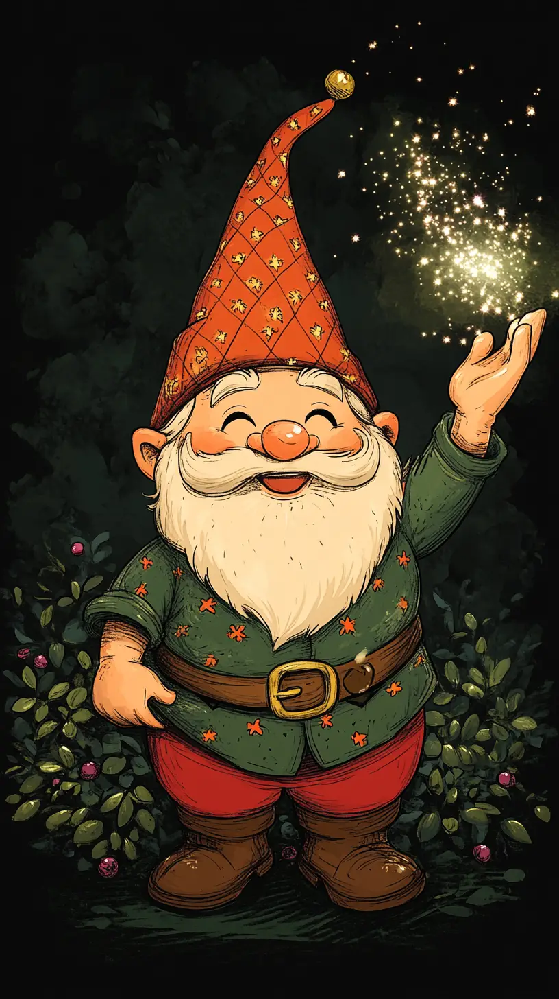 Cheerful cartoon dwarf with magic sparkles in a garden