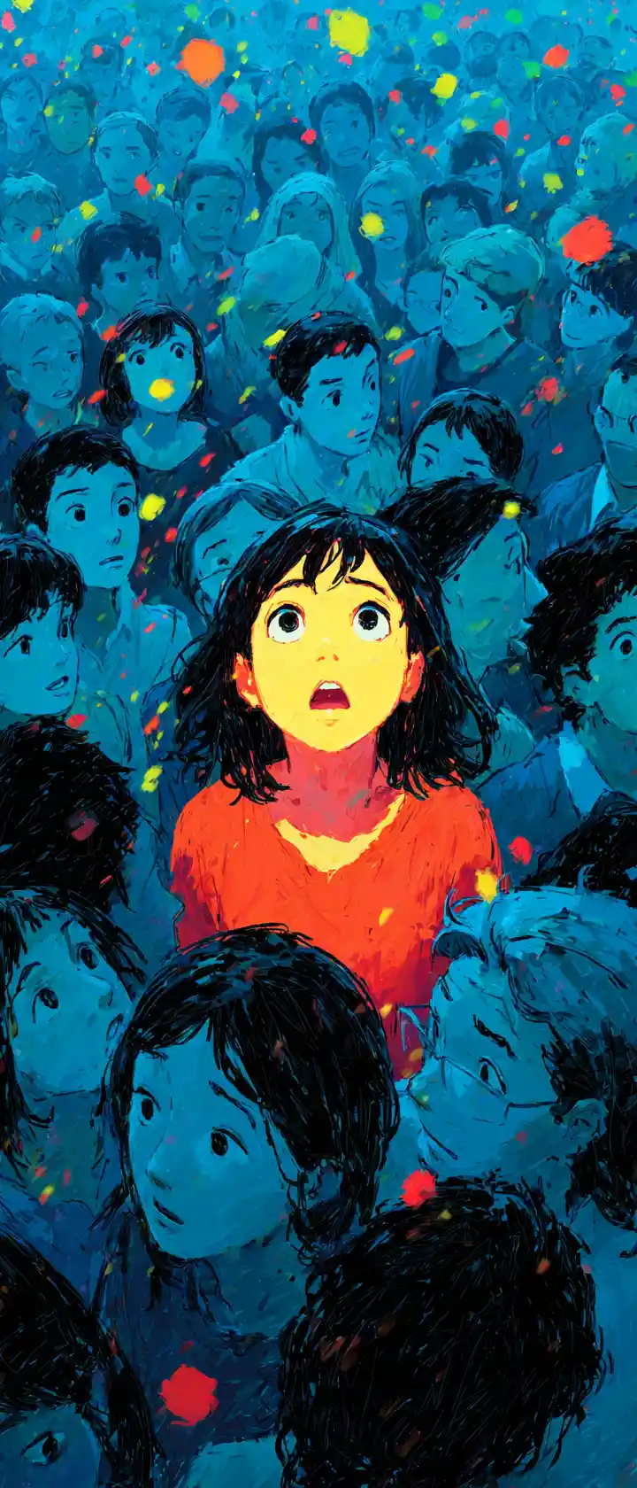 Anime girl in wonder at a crowded festival scene
