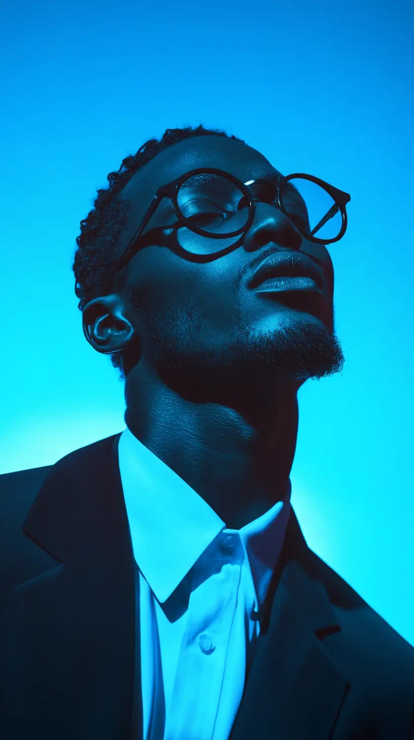 Portrait en noir et blanc au ton sombre d’un homme avec des lunettes