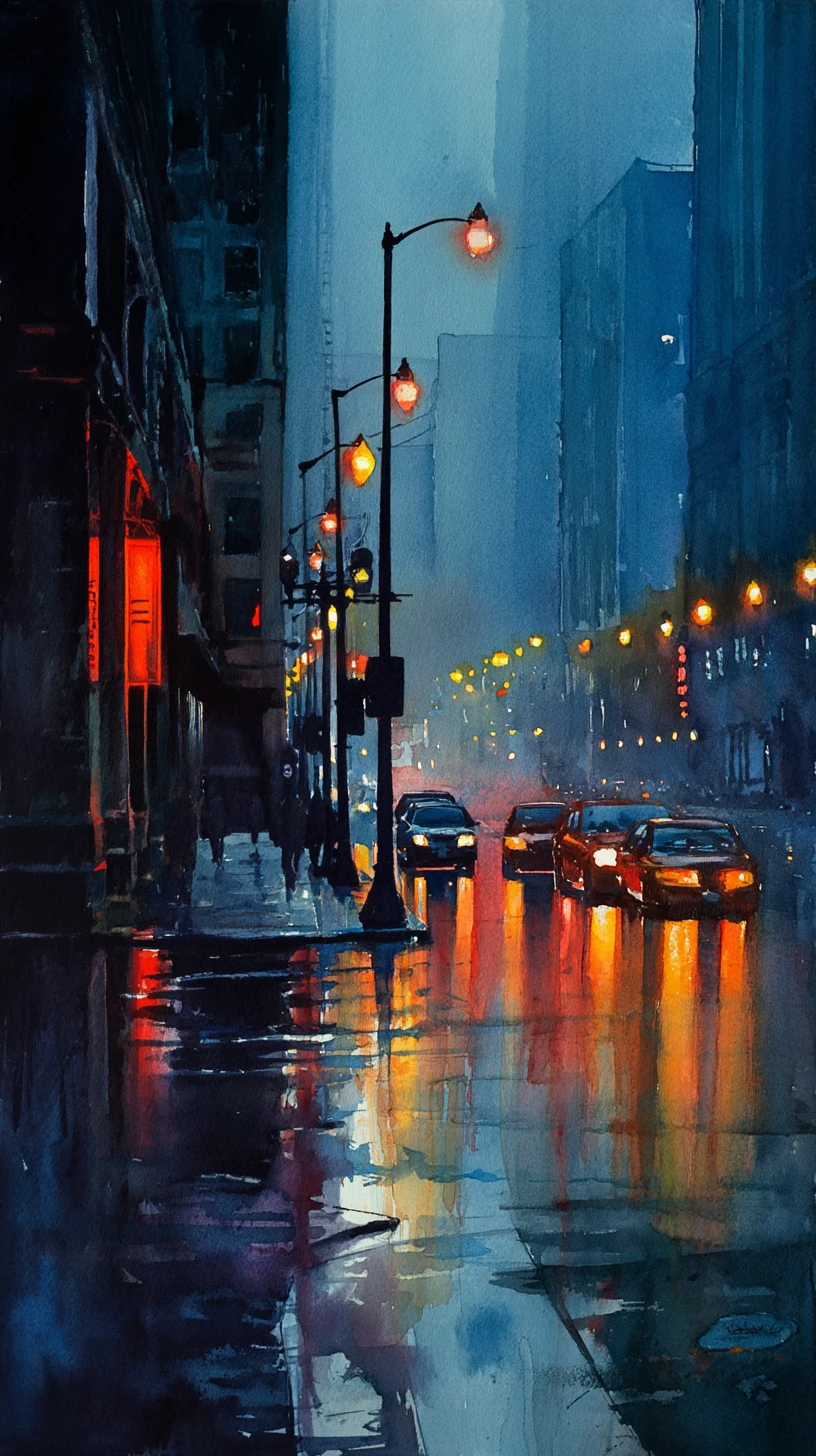 Rua da Cidade Chuvosa à Noite em Aquarela Atmosférica