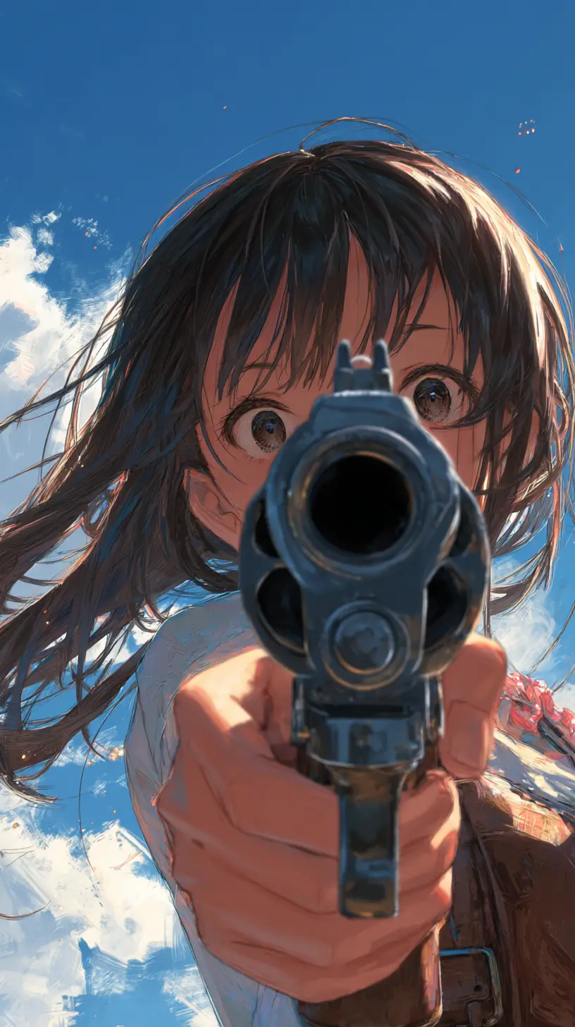 誇張魚眼視角下持左輪手槍的動漫少女