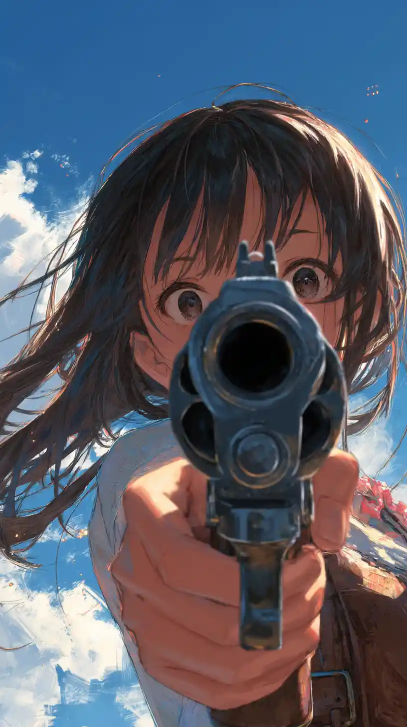 Anime girl with revolver in dramatic fisheye view