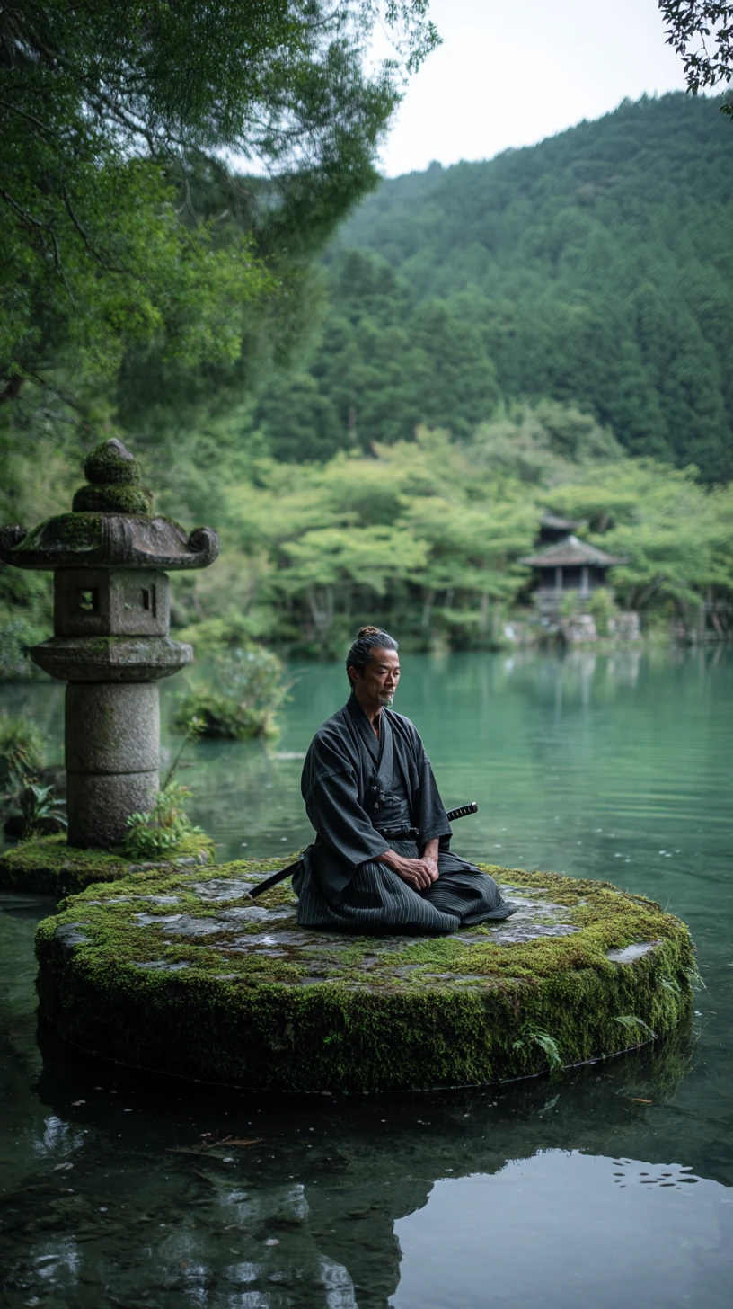 Samurai Meditando em Ilha Rochosa Coberta de Musgo em Bosque Florido