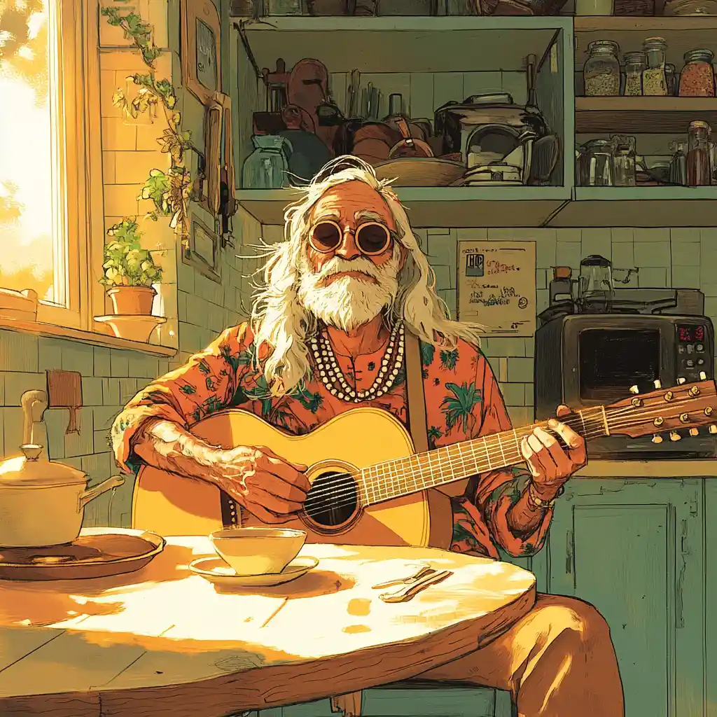 Anziano hippie che suona la chitarra in una cucina vintage soleggiata