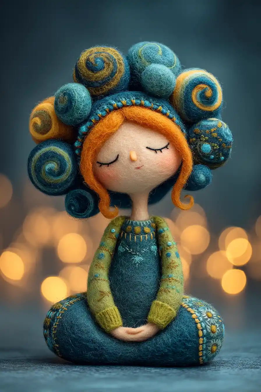 Felted wool girl figurine in a serene lotus pose