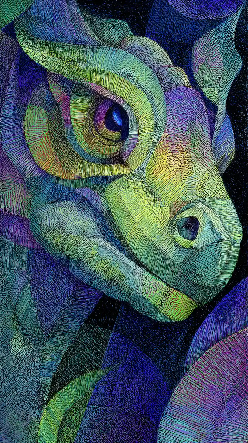 Abstract baby dragon portrait with layered surreal textures