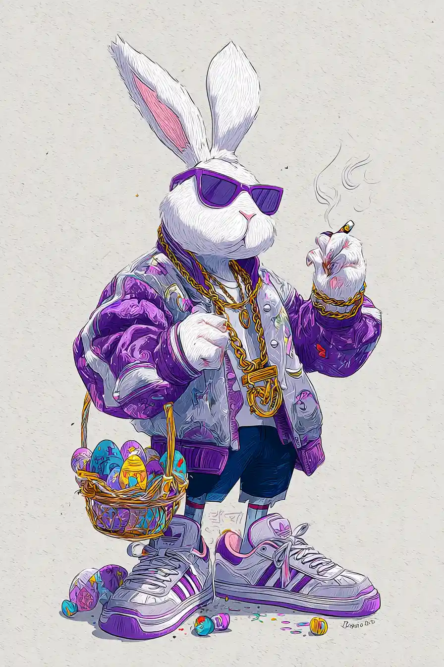 Hip hop rabbit with easter eggs in smoky room