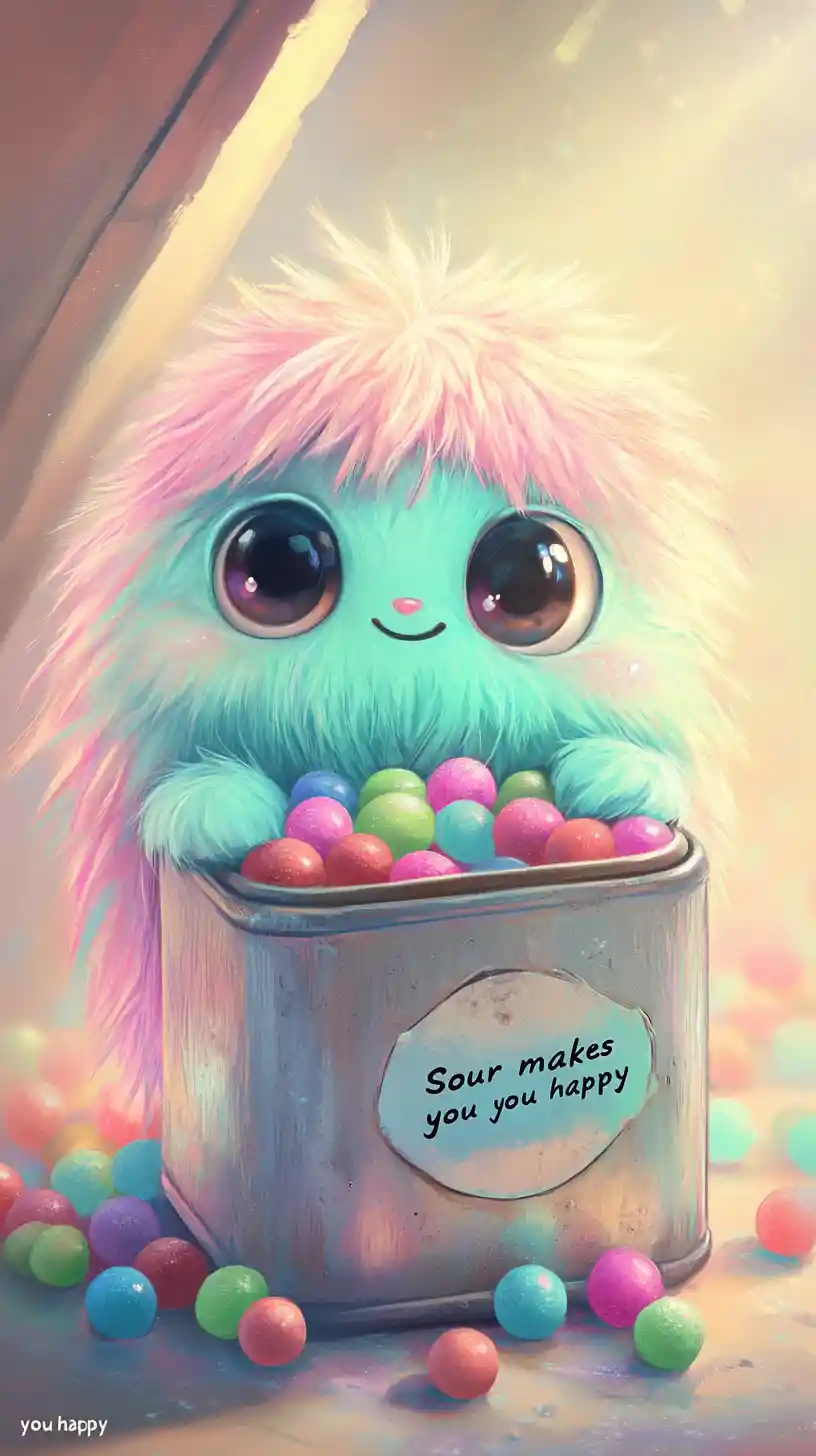Kawaii fluffy monster hiding in vintage candy tin