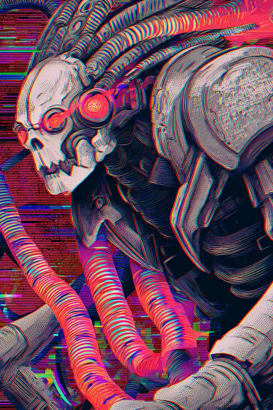 Cyborg with steel arms and glowing red eyes