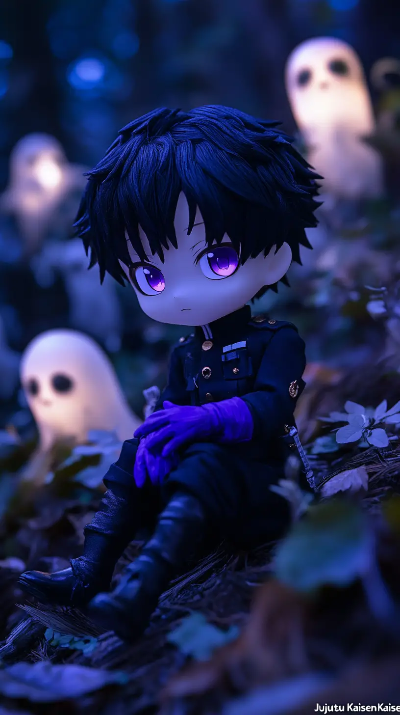 Anime-Plüschfigur, die sich im dunklen Wald entspannt