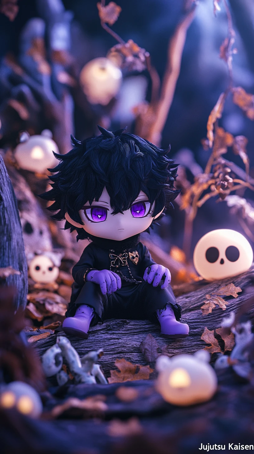 Cute anime plush character resting in dark forest