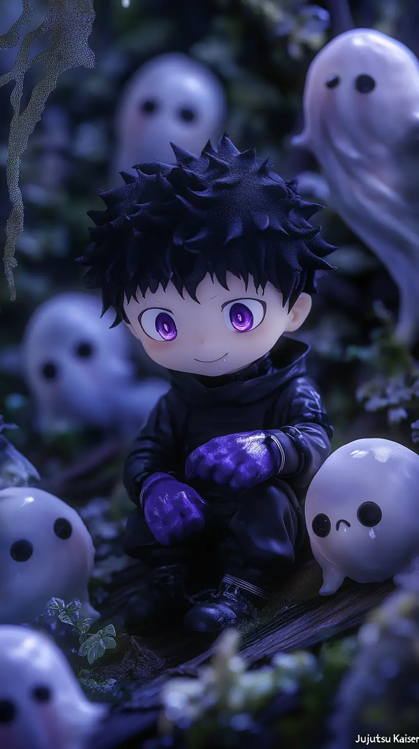 Anime-Plüschfigur, die auf einem dunklen Waldboden ruht