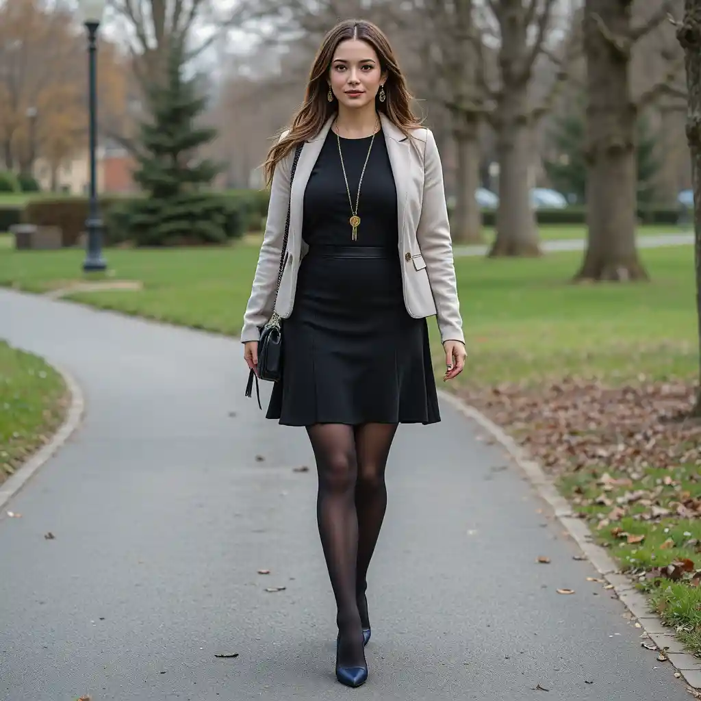Femme en mini-jupe noire marchant dans un parc urbain